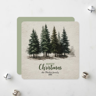 Tarjeta Festiva Vintage Forest Pine Tree Botanical Merry Christmas