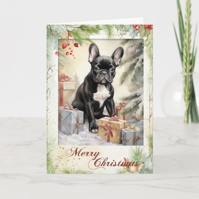Tarjeta Festiva Vintage Frenchie Navidades (Anverso)