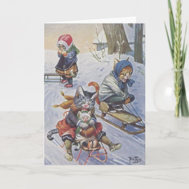Tarjeta Festiva Vintage - gatos Sledding de la nieve, (Anverso)