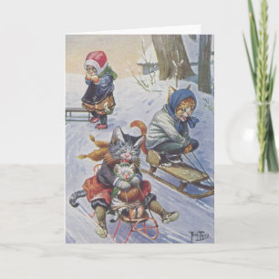 Tarjeta Festiva Vintage - gatos Sledding de la nieve,