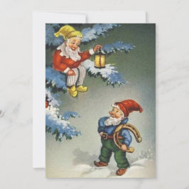 Tarjeta Festiva Vintage Gnomes navideños llevando una herradura