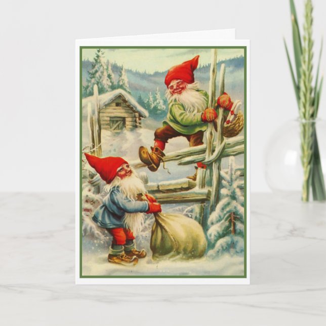 Tarjeta Festiva Vintage Gnomes navideños mudándose mucho (Anverso)