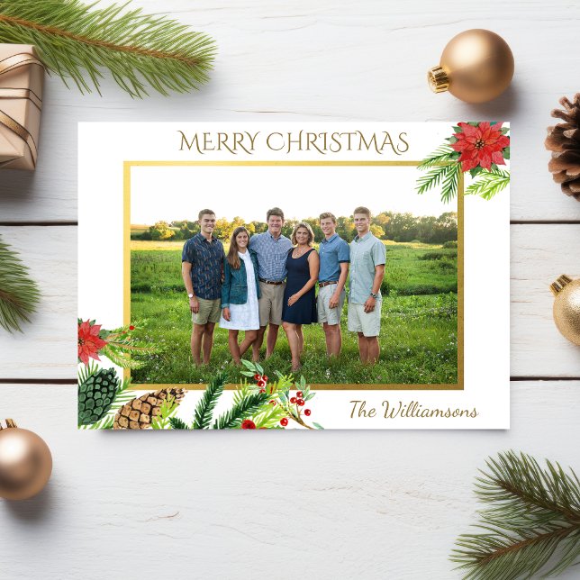 Tarjeta Festiva Vintage Gold Merry Christmas Botanicals Photo (Subido por el creador)