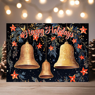 Tarjeta Festiva Vintage Golden Bells y Floral Happy Holidays