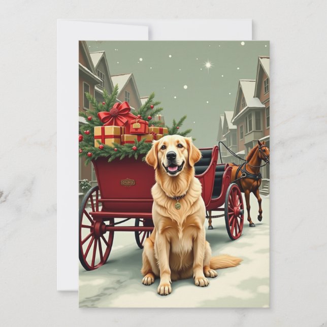 Tarjeta Festiva Vintage Golden Retriever Christmas Carriage Illust (Anverso)