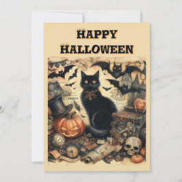 Tarjeta Festiva Vintage Gótico Halloween Gato Negro Niños