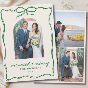 Tarjeta Festiva Vintage Green Bow Casado y Merry 4 Photo Boda