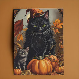 Tarjeta Festiva Vintage Halloween Black Cat Witch Kitten Pumpkins