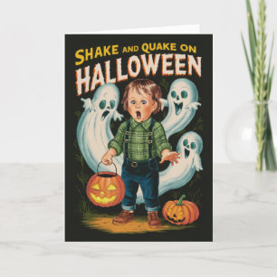 Tarjeta Festiva Vintage Halloween Shake y Quake Boy and Ghosts