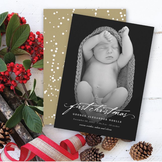 Tarjeta Festiva Vintage Handwriting Baby's First Christmas Photo (Subido por el creador)