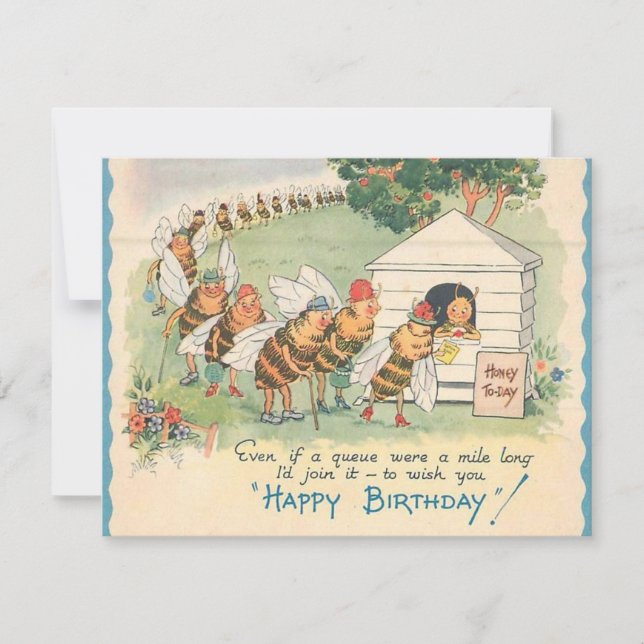 Tarjeta Festiva Vintage Happy Bee Birday (Anverso)