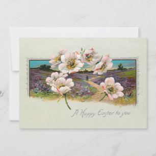 Tarjeta Festiva Vintage Happy Easter Paisaje con flores de Apple
