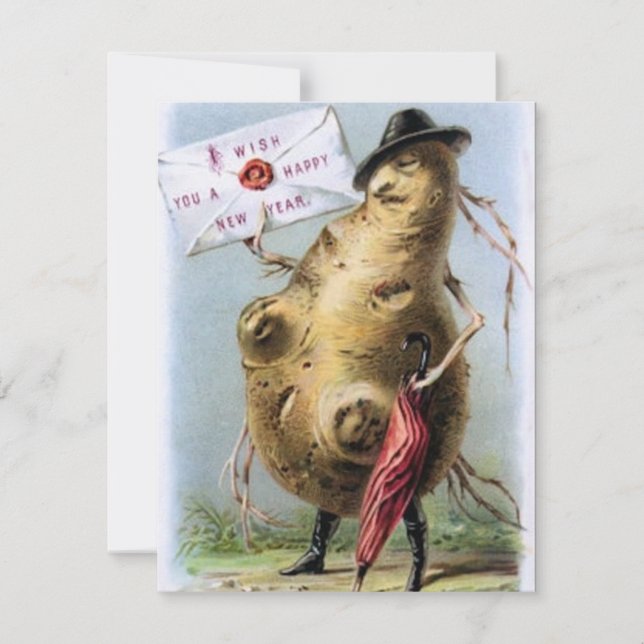 Tarjeta Festiva Vintage Happy New Year Sir Potato (Anverso)