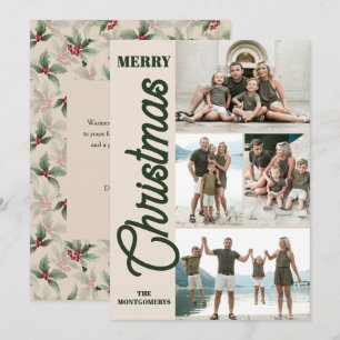 Tarjeta Festiva Vintage Holly and Berries Merry Christmas Photo