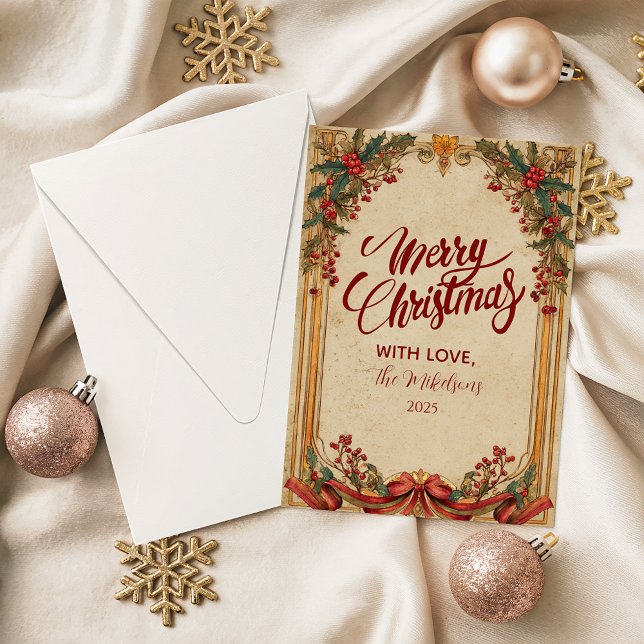 Tarjeta Festiva Vintage Holly and Gold Christmas (Subido por el creador)