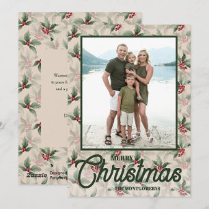 Tarjeta Festiva Vintage Holly Berries Merry Christmas Photo