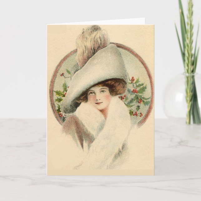 Tarjeta Festiva Vintage Holly Elegant Woman (Anverso)