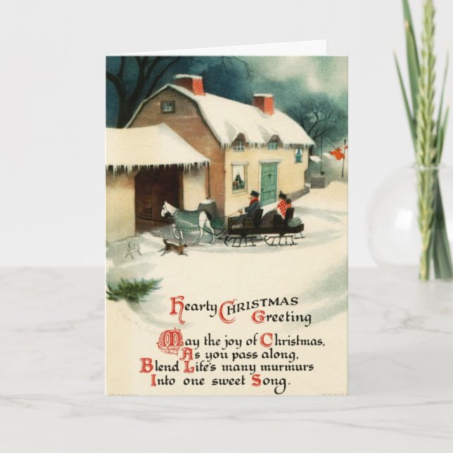 Tarjeta Festiva Vintage Horse & Buggy Merry Christmas (Anverso)