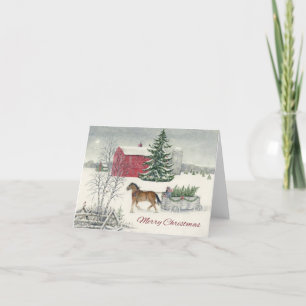 Tarjeta Festiva Vintage Horse Pulling Tree Merry Christmas