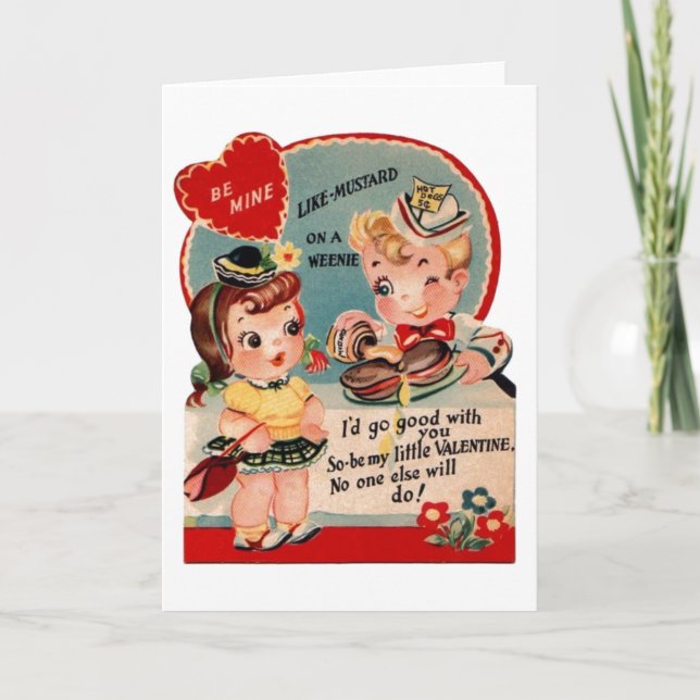 Tarjeta Festiva Vintage Hot Dog and Mustard Valentine (Anverso)