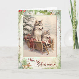 Tarjeta Festiva Vintage Husky Navidades
