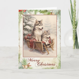 Tarjeta Festiva Vintage Husky Navidades
