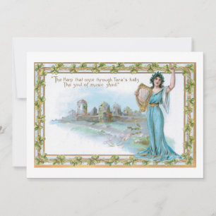 Tarjeta Festiva Vintage Irish Lady con la frontera Harp & Shamrock
