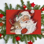 Tarjeta Festiva Vintage Jolly Santa con Baby Rudolf Personalizado<br><div class="desc">Esta tarjeta de Navidades muestra un ilustracion de mediados de siglo de un alegre Santa Claus mirando su lista mientras un bebé Rudolf mira. El sentimiento dentro de la tarjeta dice "Que tu temporada de vacaciones esté llena de amor y alegría. ¡Feliz Navidad!" y se puede cambiar o editar como...</div>