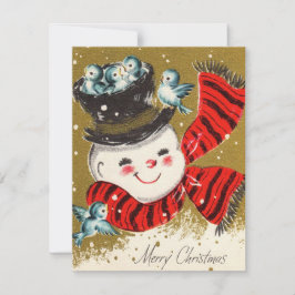 Tarjeta Festiva Vintage Jolly Snowman con pájaros
