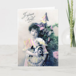 Tarjeta Festiva Vintage Joyeux Noël con Chica y muñeca