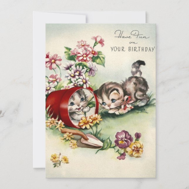 Tarjeta Festiva Vintage Kitten Fun En Tu Cumpleaños (Anverso)