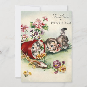 Tarjeta Festiva Vintage Kitten Fun En Tu Cumpleaños