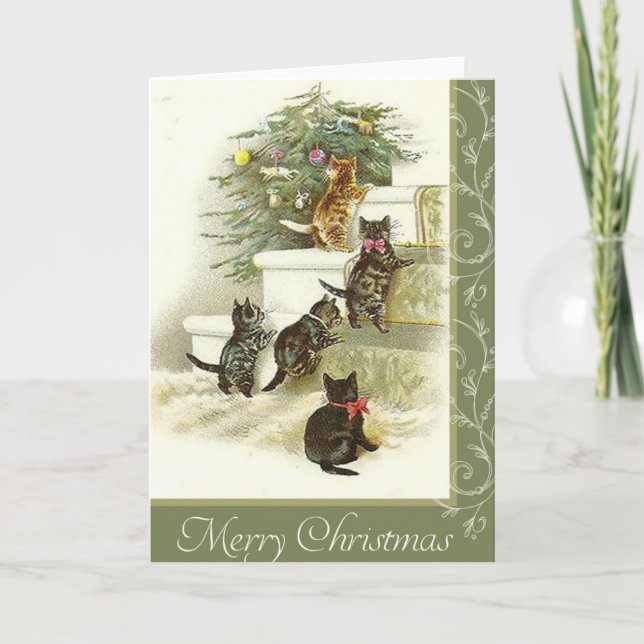Tarjeta Festiva Vintage Kitten Navidades (Anverso)