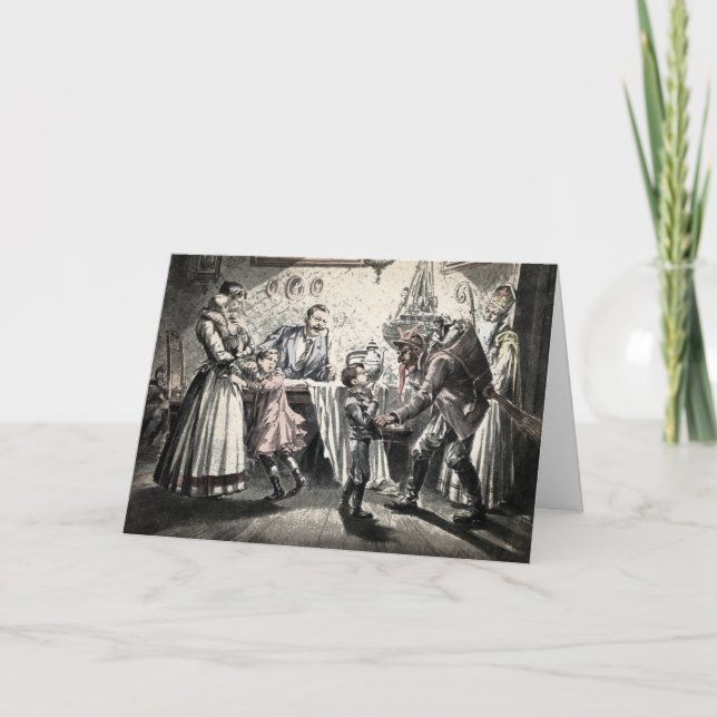 Tarjeta Festiva Vintage Krampus Scaring Children Holiday Card (Anverso)