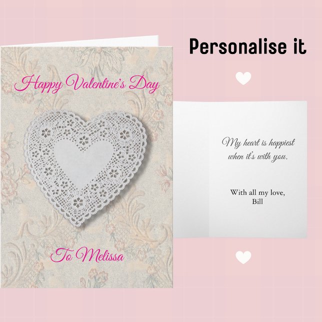 Tarjeta Festiva Vintage Lace Heart And Flowers Valentine (Customizable Vintage Lace Heart Valentine's Day Card)