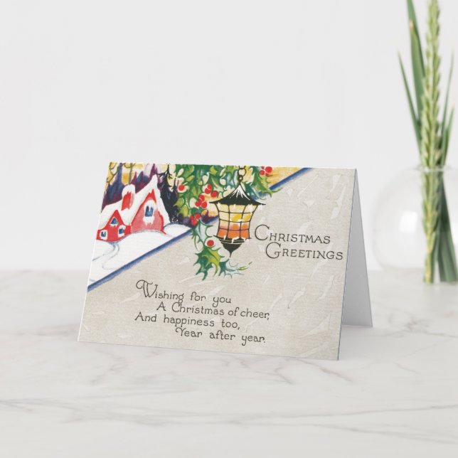 Tarjeta Festiva Vintage Lantern y Holly Christmas Greetings (Anverso)
