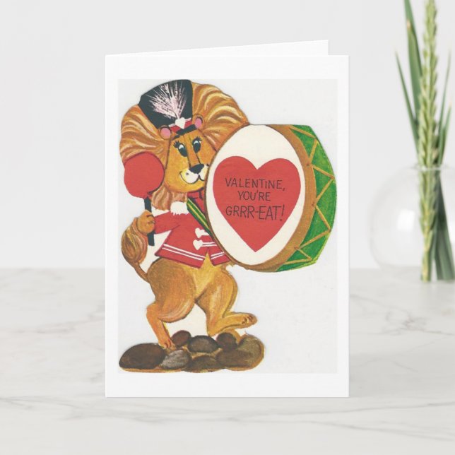 Tarjeta Festiva Vintage Lion Drummer Valentine (Anverso)