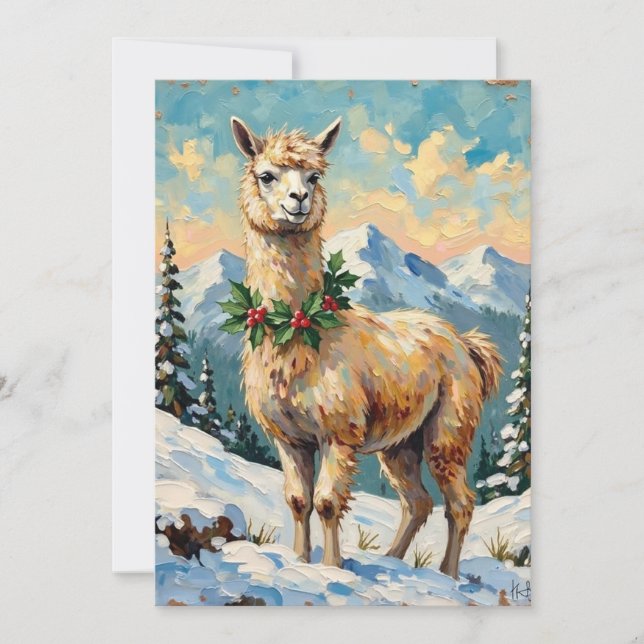 Tarjeta Festiva Vintage Llama in Snowy Christmas Meadow (Anverso)