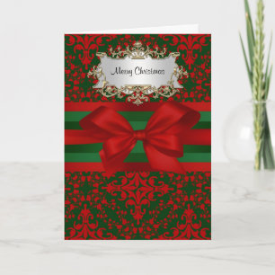Tarjeta Festiva Vintage Look Red & Green Damask #2 Con Bow Xmas