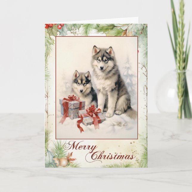 Tarjeta Festiva Vintage Malamute Navidades (Anverso)