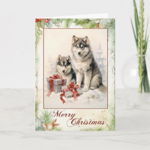 Tarjeta Festiva Vintage Malamute Navidades