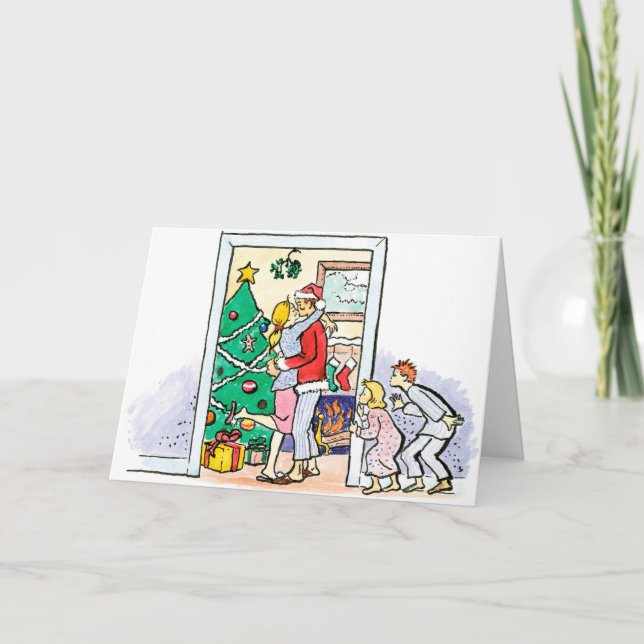 Tarjeta Festiva Vintage mami Kissing Santa Navidades (Anverso)