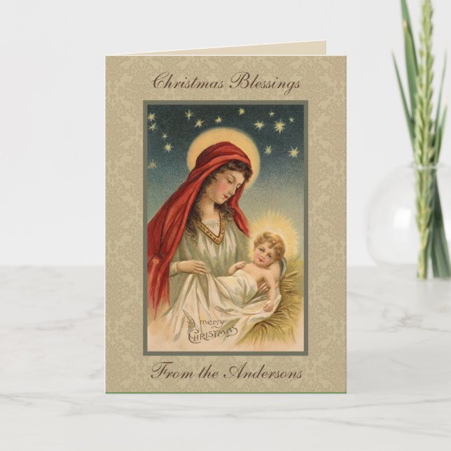 Tarjeta Festiva Vintage Mary Baby Jesus en Manger (Anverso)