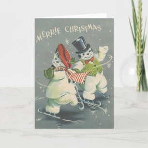 Tarjeta Festiva Vintage Merrie Navidades Snowman Couple