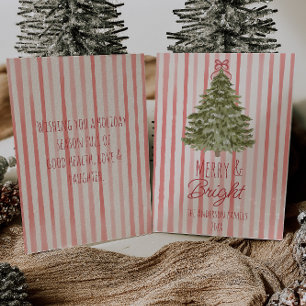 Tarjeta Festiva Vintage Merry & Bright Red Stripes Christmas Tree