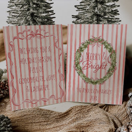 Tarjeta Festiva Vintage Merry Bright Stripes Navidades Bow Wreath