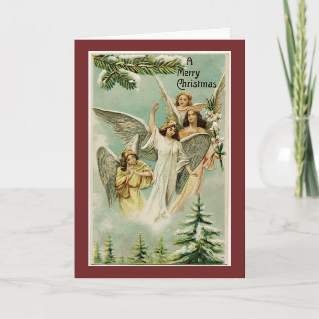 Tarjeta Festiva Vintage Merry Christmas Angels (Anverso)