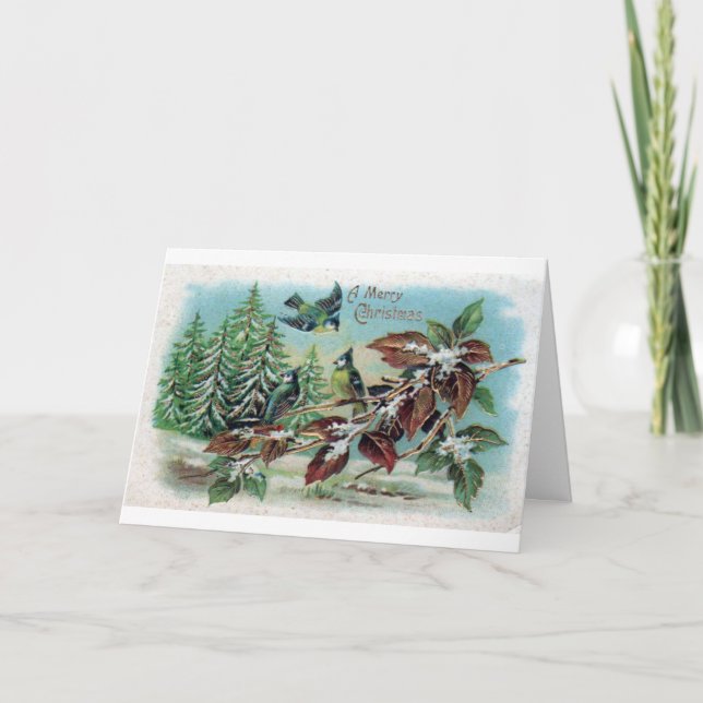 Tarjeta Festiva Vintage Merry Christmas Birds (Anverso)