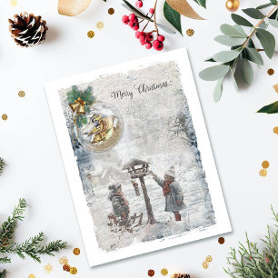 Tarjeta Festiva Vintage Merry Christmas Birds & Ornament