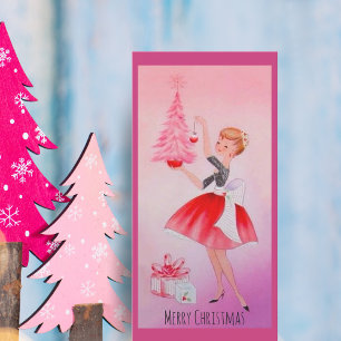 Tarjeta Festiva Vintage Merry Christmas Chica Decorating Tree